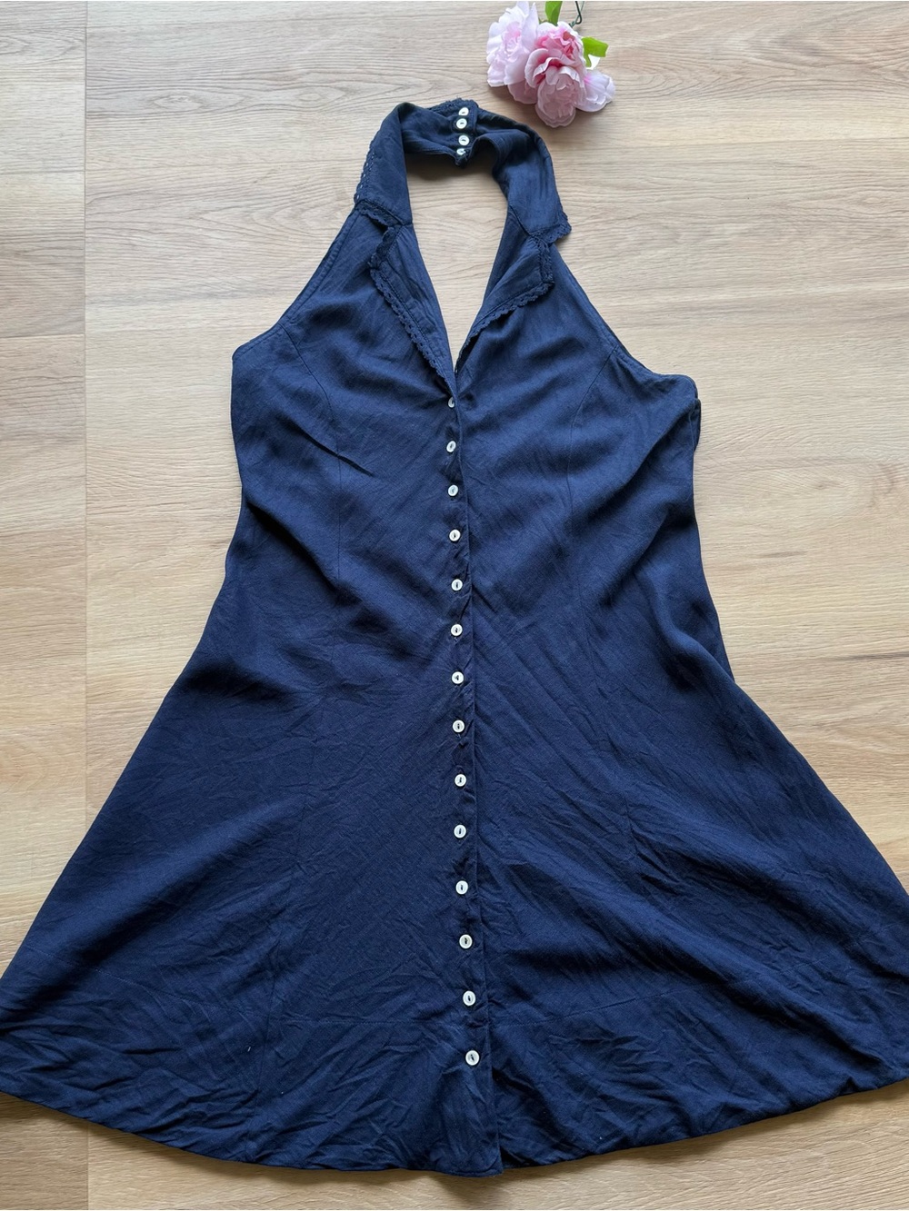 Tecovas Navy Halter Button-Down Mini Dress large linen embroidered button down